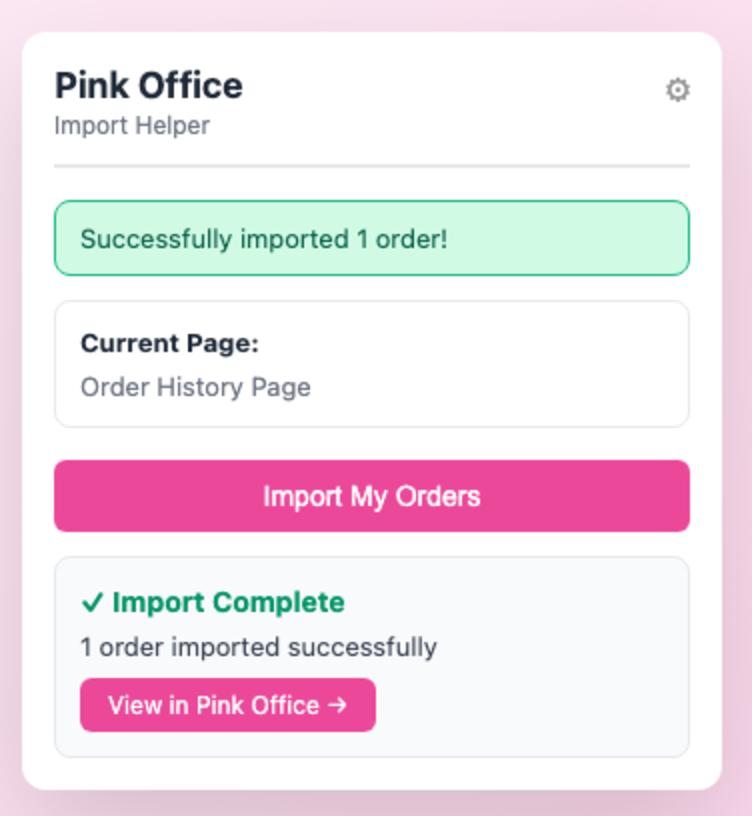 The Pink Office Import Helper browser extension, showing an order imported successfully from InTouch