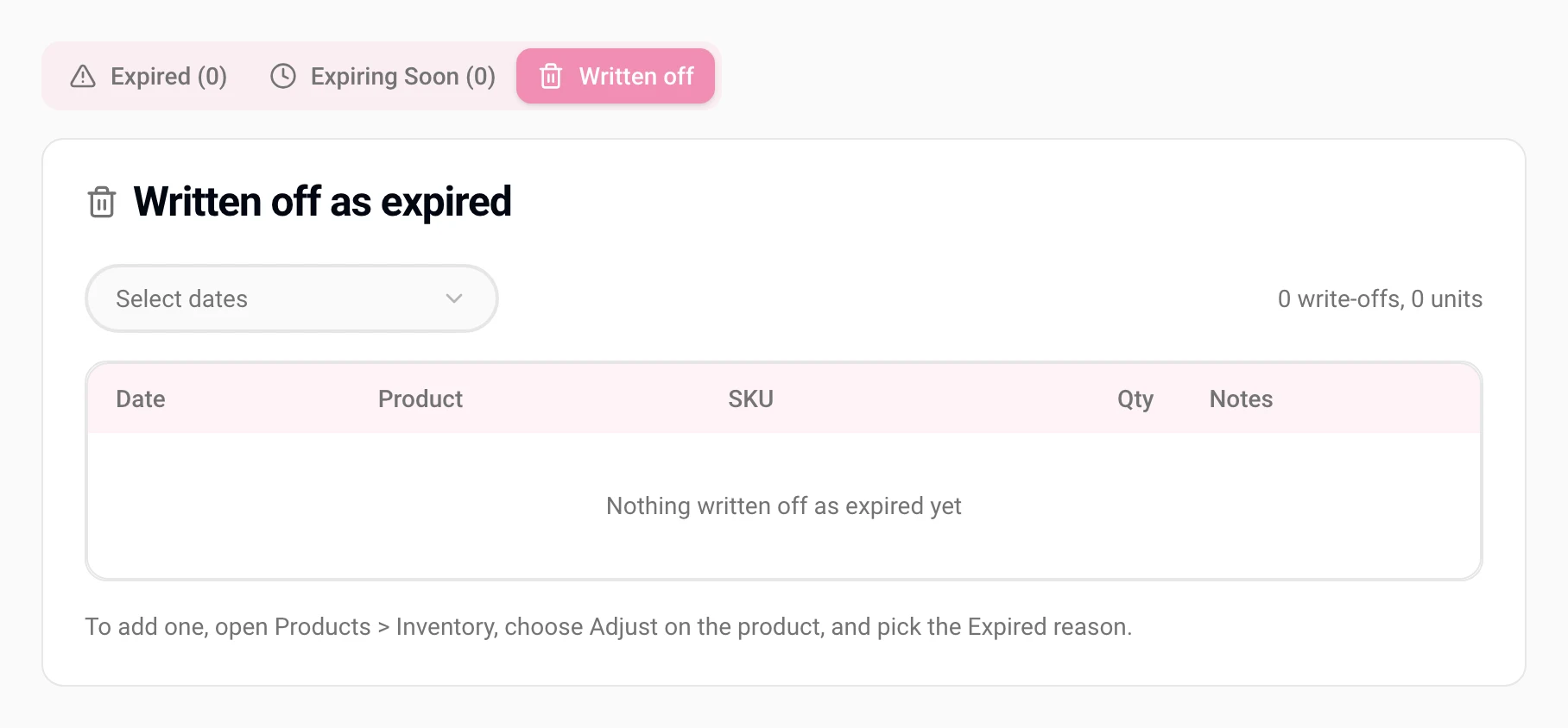 The Written off tab on the Expired Products report, with a date range picker, write-off totals and the table where written-off stock is listed.